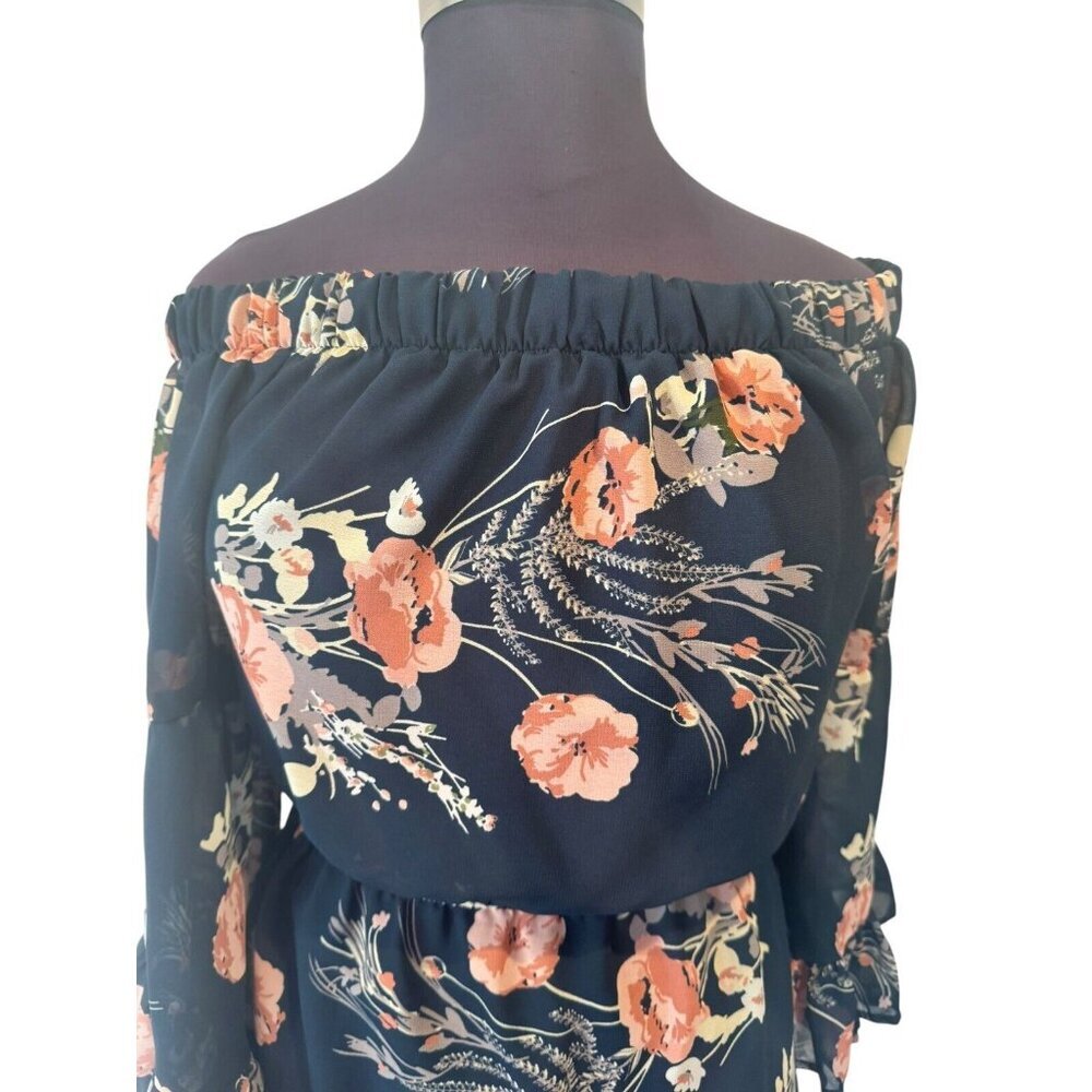 Indulge Blue Floral‎ Dress Size XL off Shoulder Mini Dress Lined sheer boho - Picture 3 of 11